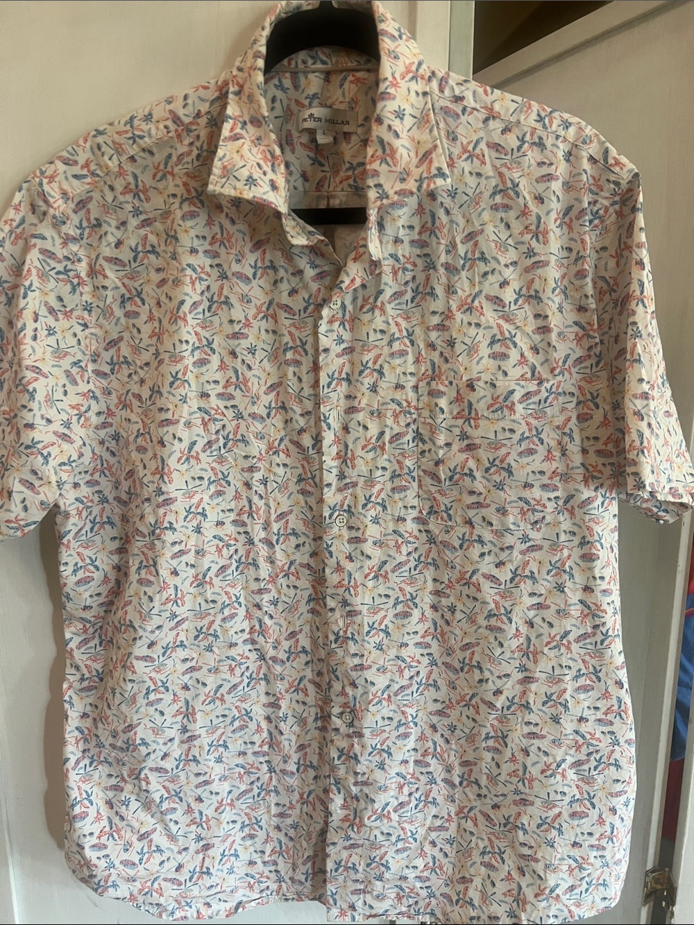 Men's Short-Sleeve Printed Shirt in Cream with Multi-Color Motif sz L